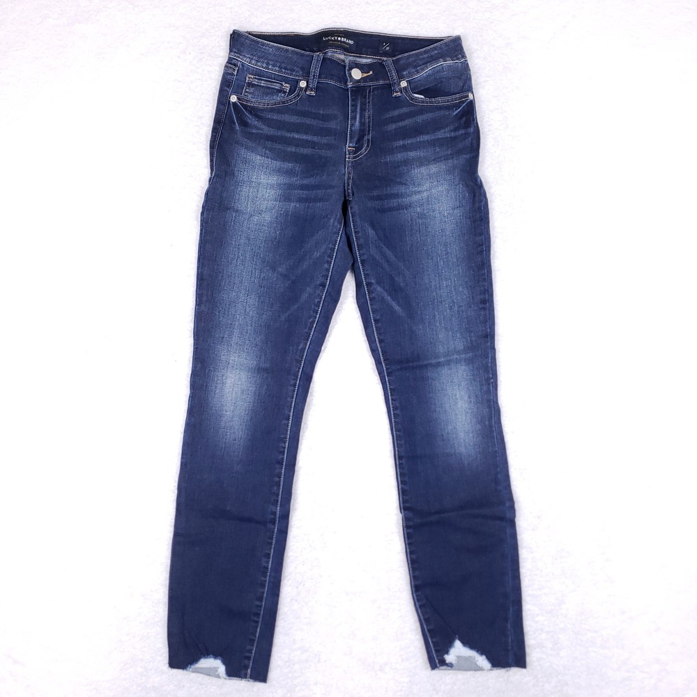 Lucky Brand Lolita Skinny Jeans Womens 4/27 Dark Wash Raw Notched Hem Blue Denim